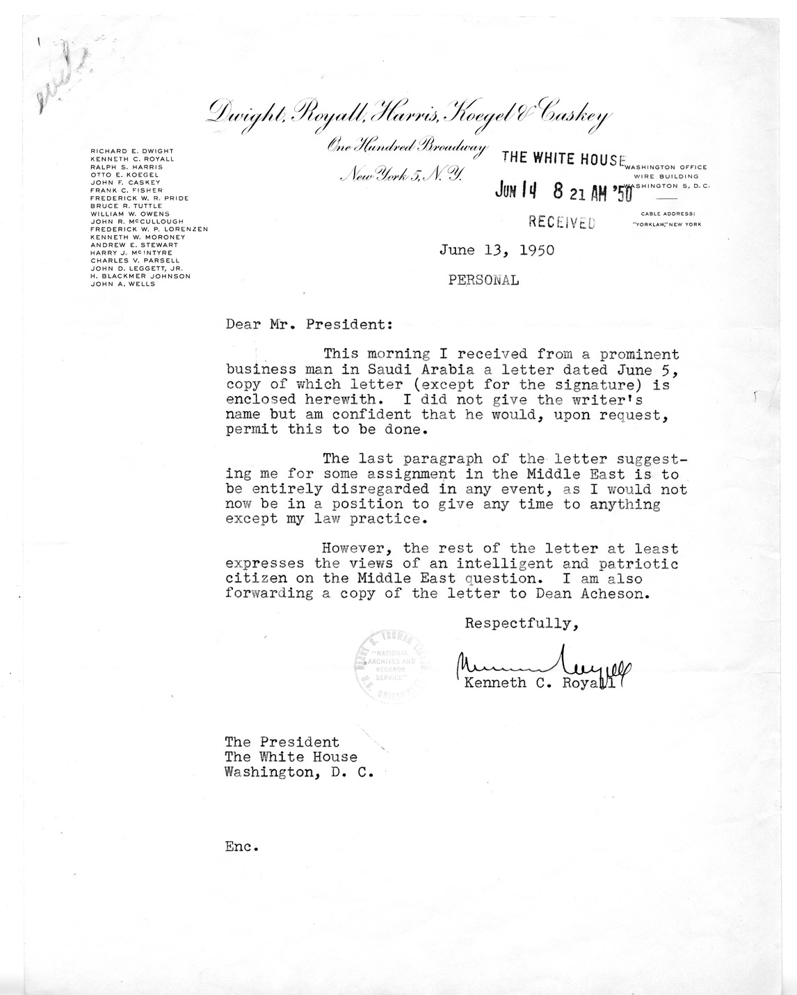 Letter from Kenneth Royall to President  Harry S. Truman, with Attachements