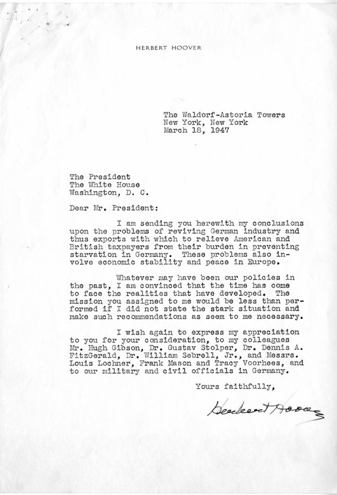 Correspondence between Harry S. Truman and Herbert Hoover