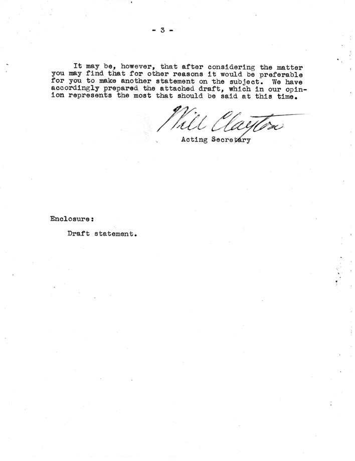 Correspondence between William L. Clayton and Harry S. Truman