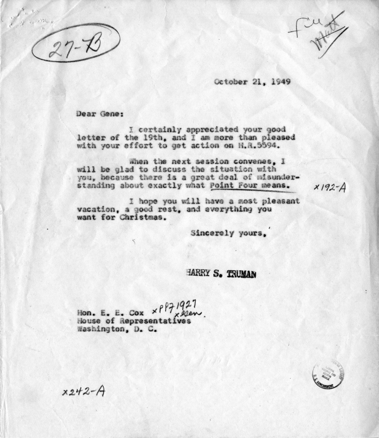 Correspondence Between Harry S. Truman and E.E. Cox