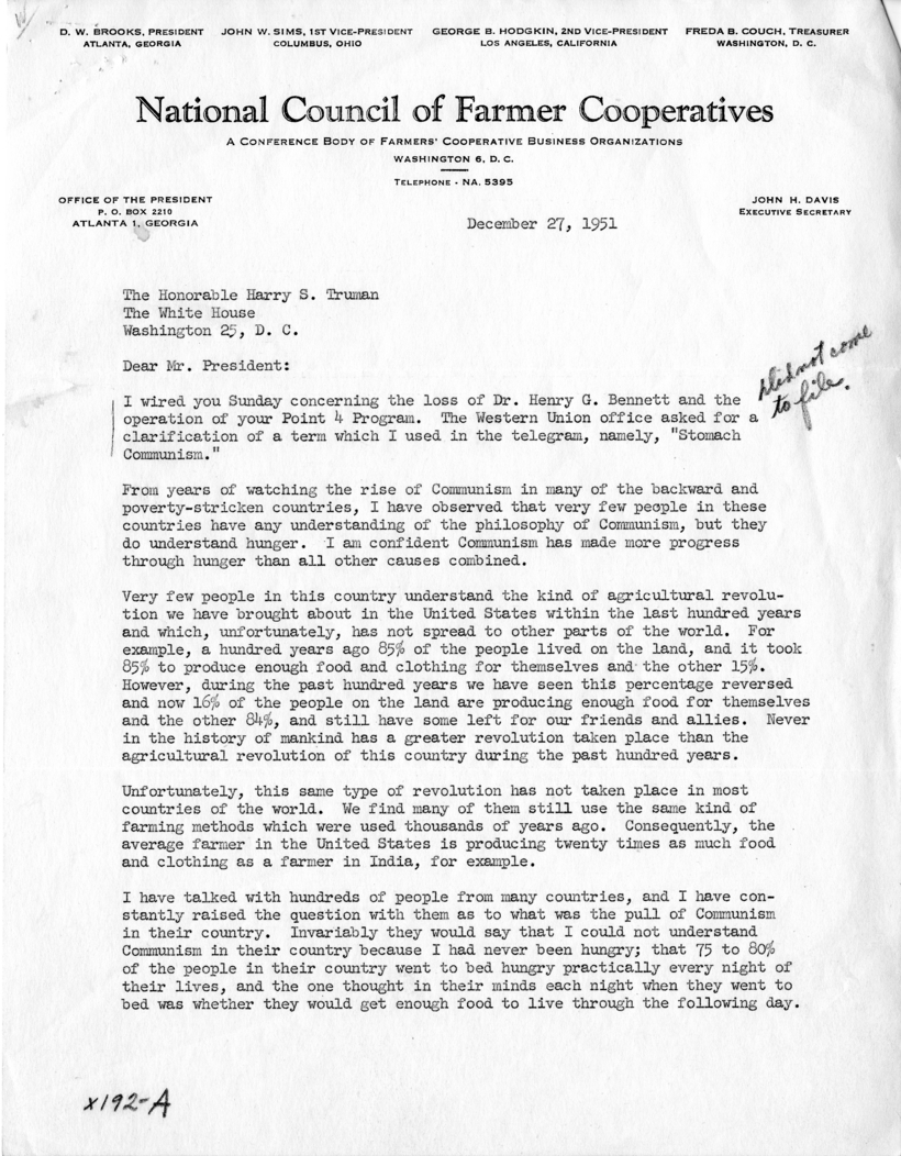 Correspondence Between Harry S. Truman and D.W. Brooks