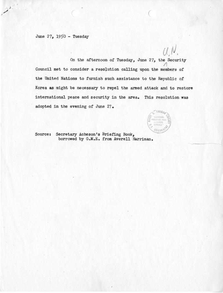 Note Regarding United Nations Security Council Meeting of June 27, 1950
