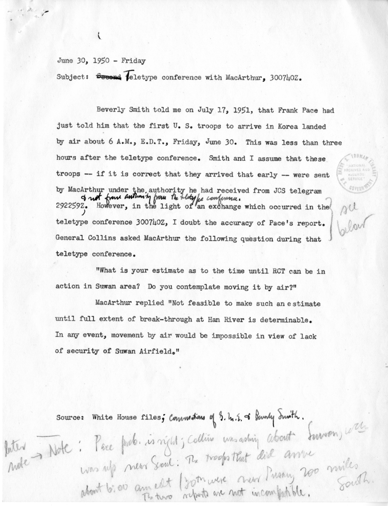 Note Regarding June 30, 1950 Teletype Conference