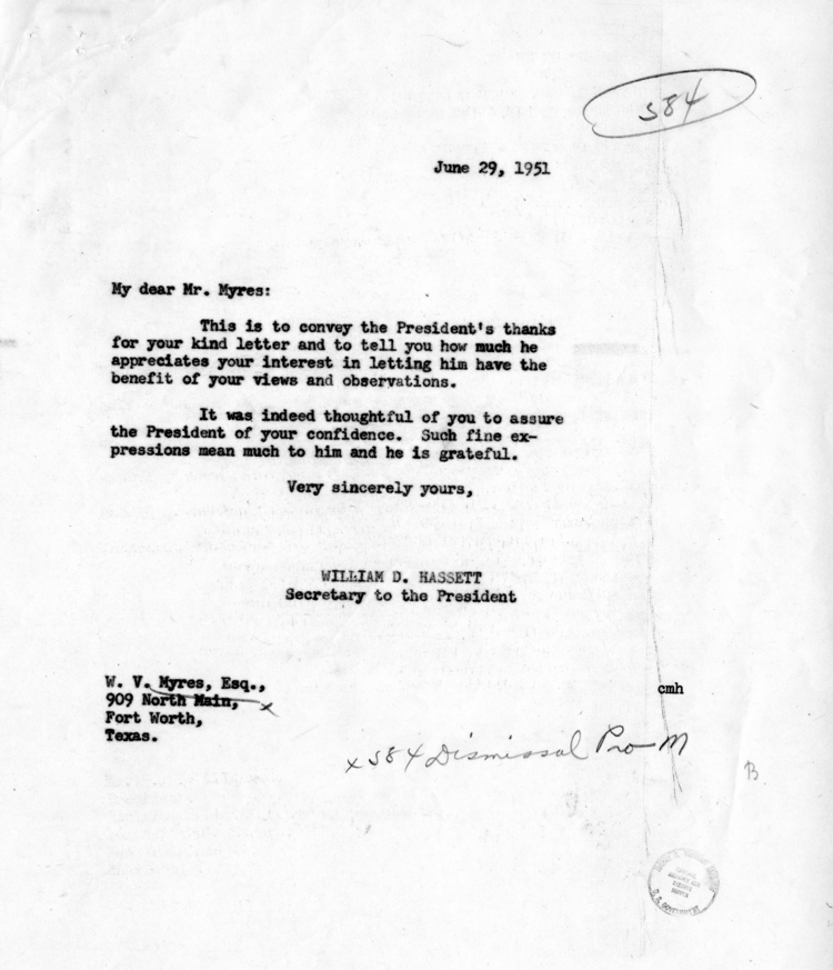 W.V. Myres to Harry S. Truman, With Reply From William Hassett