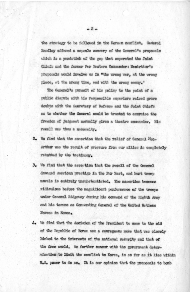 State Department, MacArthur Hearings Report by Fisher, Conclusion