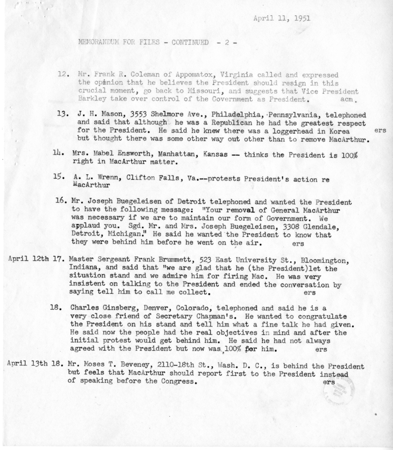 Record of Phone Calls Regarding the Dismissal of General Douglas MacArthur