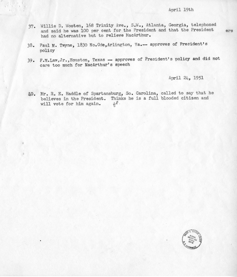 Record of Phone Calls Regarding the Dismissal of General Douglas MacArthur