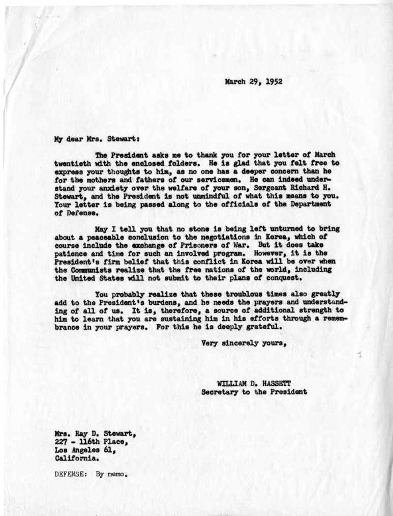 Mrs. Ray D. Stewart to Harry S. Truman, With Reply From William D. Hassett