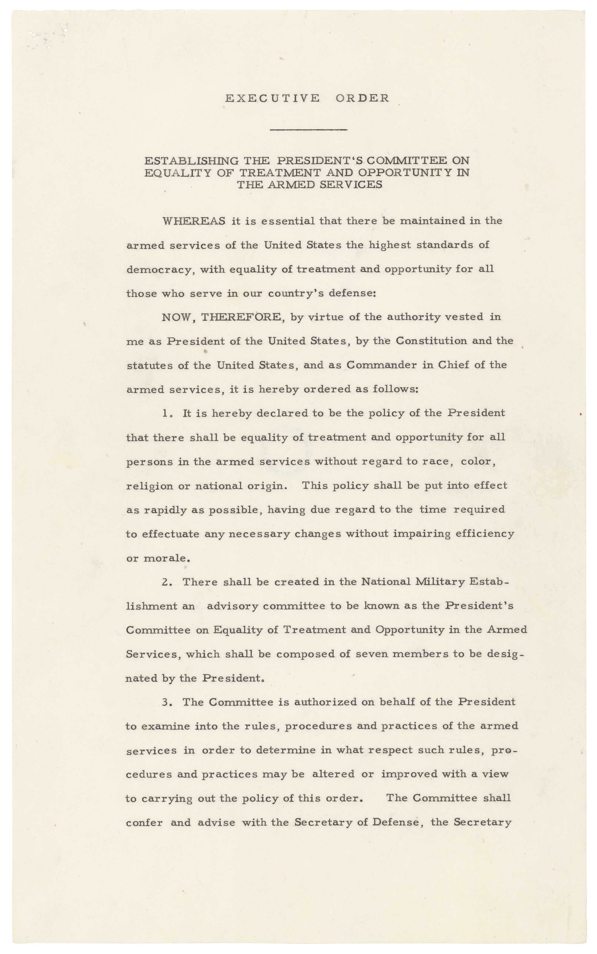 Executive Order 9981 dated July 26, 1948 page 1