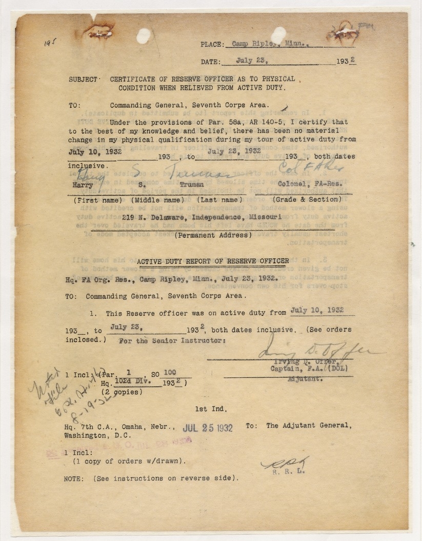 Certificate of Reserve Officer as to Physical Condition When Relieved from Active Duty for Colonel Harry S. Truman