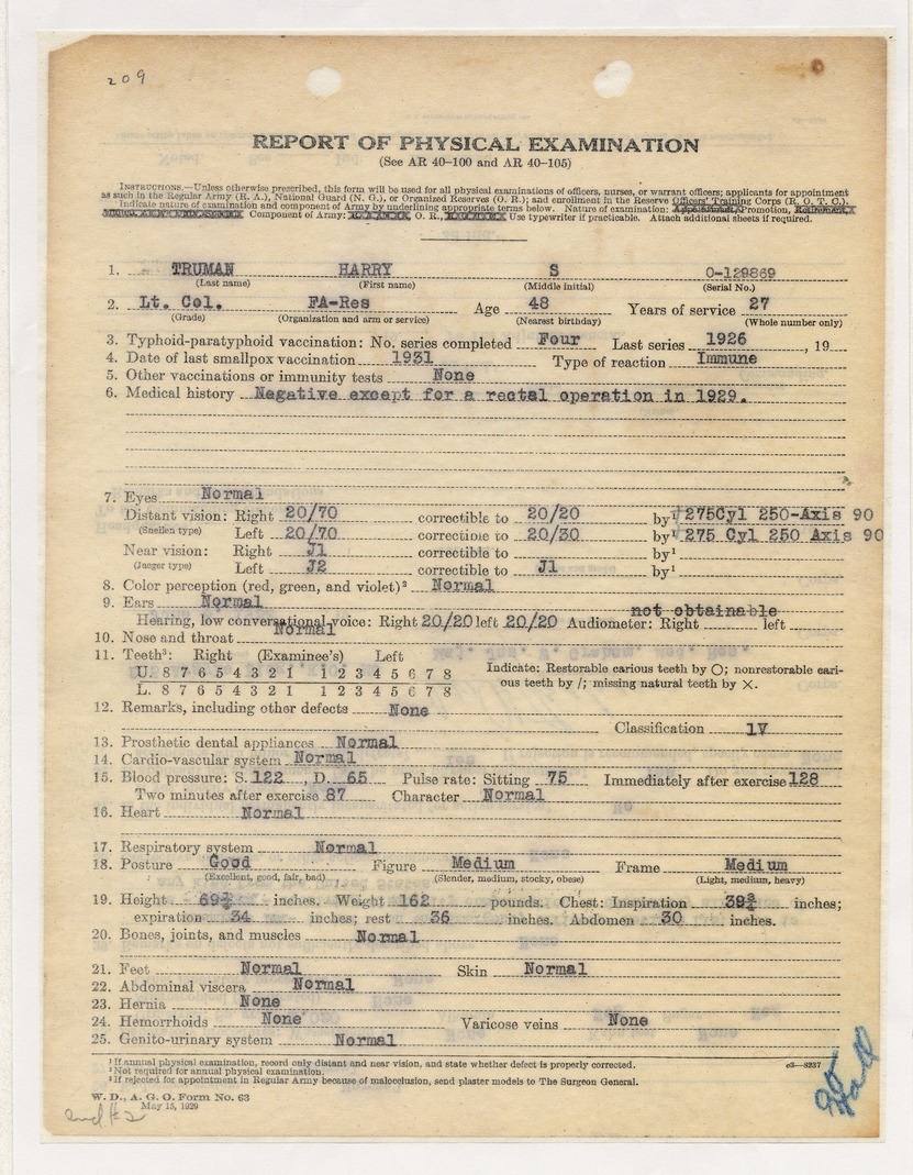 Report of Physical Examination for Lieutenant Colonel Harry S. Truman