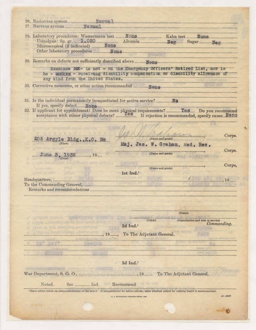 Report of Physical Examination for Lieutenant Colonel Harry S. Truman