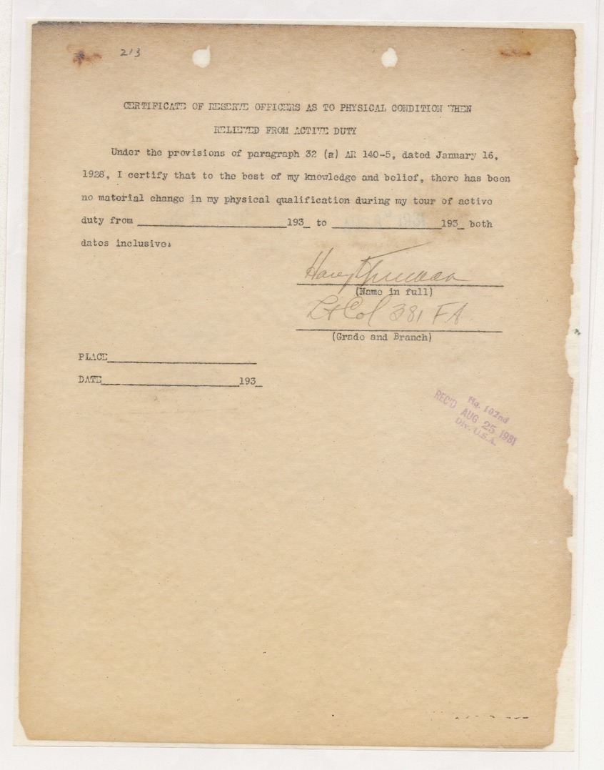 Certificate of Reserve Officers as to Physical Condition When Relieved from Active Duty for Lieutenant Colonel Harry S. Truman