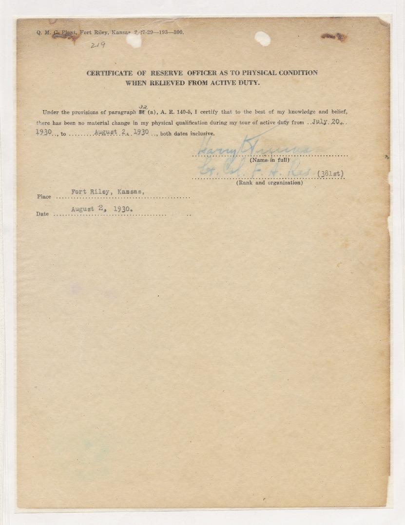 Certificate of Reserve Officer as to Physical Condition When Relieved from Active Duty for Lieutenant Colonel Harry S. Truman