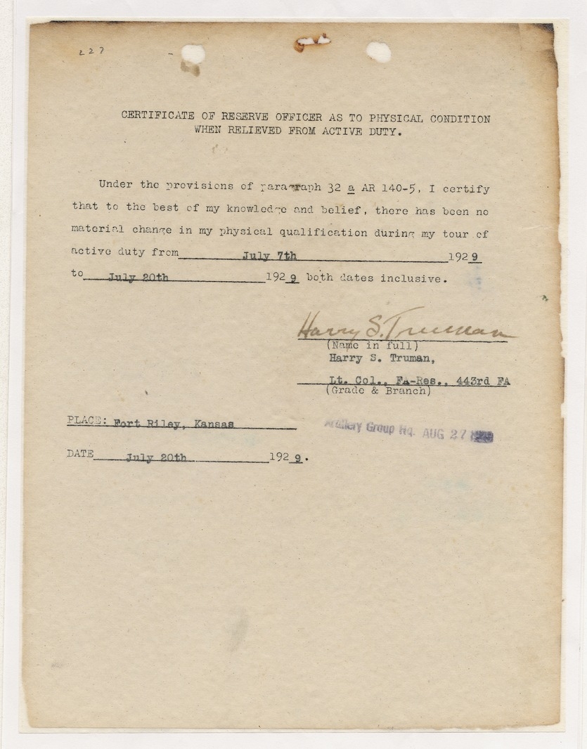 Certificate of Reserve Officer as to Physical Condition When Relieved from Active Duty for Harry S. Truman