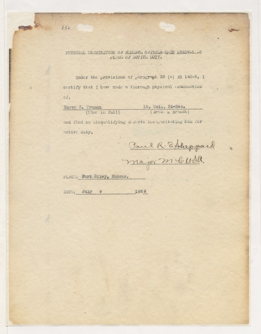 Physical Examination of Reserve Officer upon Arrival at Place of Active Duty for Lieutenant Colonel Harry S. Truman