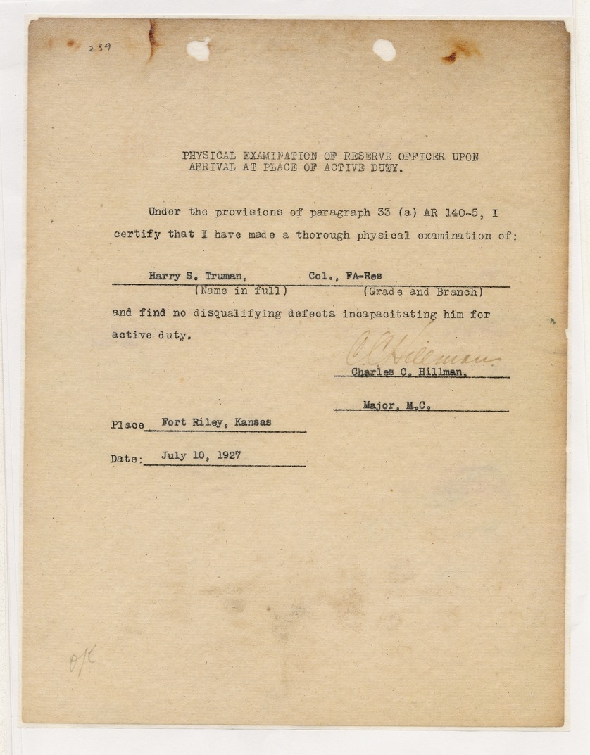 Physical Examination of Reserve Officer upon Arrival at Place of Active Duty for Colonel Harry S. Truman