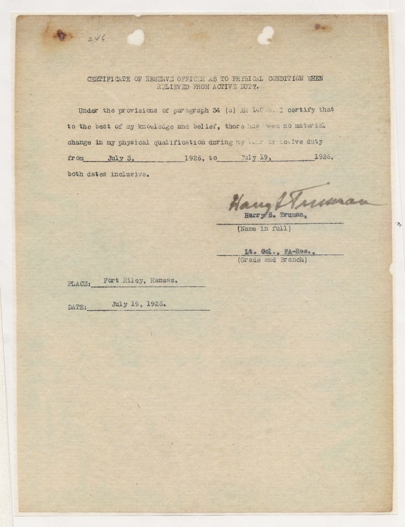 Certificate of Reserve Officer as to Physical Condition when Relieved from Active Duty for Lieutenant Colonel Harry S. Truman