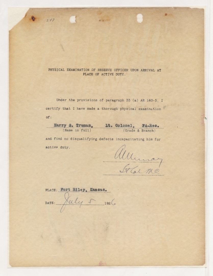 Physical Examination of Reserve Officer Upon Arrival at Place of Active Duty for Lieutenant Colonel Harry S. Truman