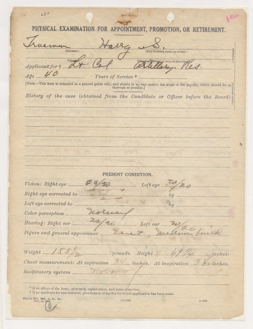 Physical Examination for Appointment, Promotion, or Retirement for Lieutenant Colonel Harry S. Truman