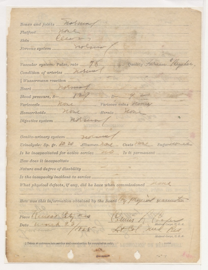 Physical Examination for Appointment, Promotion, or Retirement for Lieutenant Colonel Harry S. Truman
