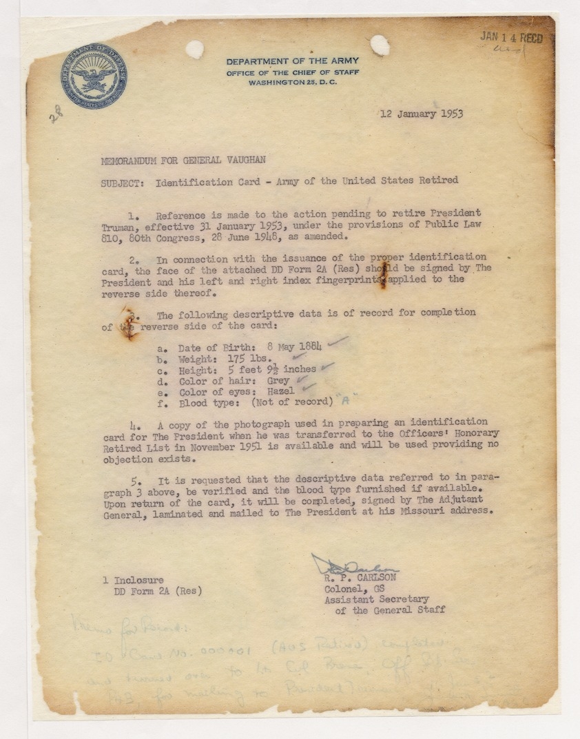 Memorandum From Colonel R P Carlson To Brigadier General
