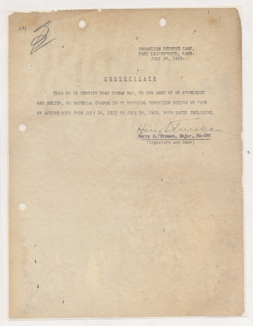 Certificate of Physical Condition for Major Harry S. Truman