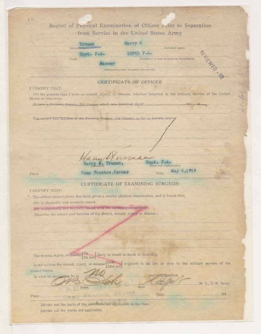 Report of Physical Examination of Officer Prior to Separation from Service in the United States Army for Captain Harry S. Truman