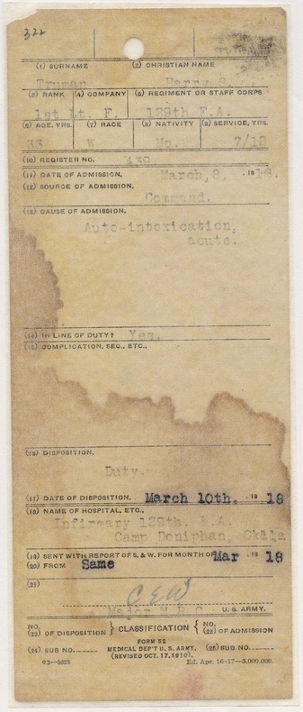 Hospital Admission Form, Camp Doniphan, Oklahoma for First Lieutenant Harry S. Truman