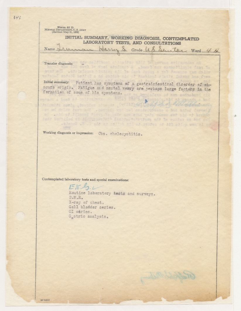 Initial Medical Summary and Working Diagnosis Form for Harry S. Truman