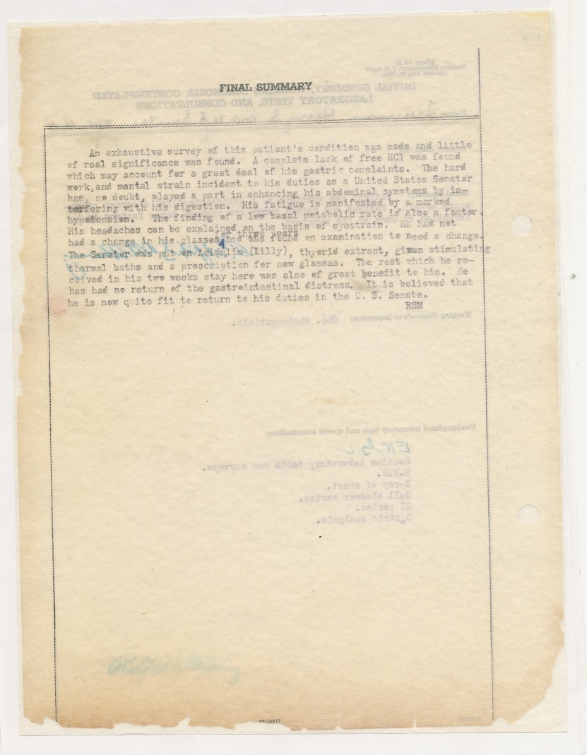Initial Medical Summary and Working Diagnosis Form for Harry S. Truman