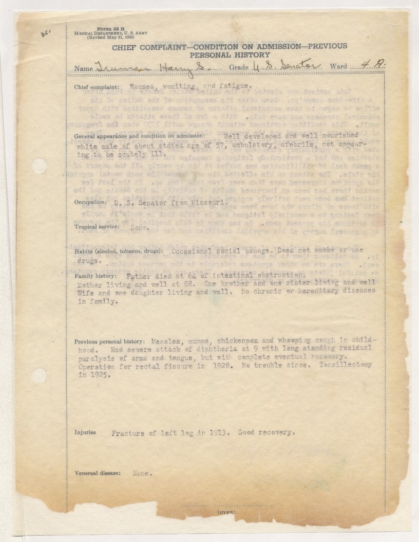 Chief Complaint - Condition on Admission - Previous Personal History Form for Senator Harry S. Truman
