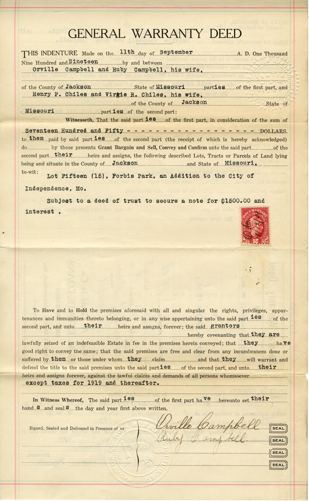 General Warranty Deed from Orville Campbell and Ruby Campbell to Henry P. Chiles and Virgie R. Chiles