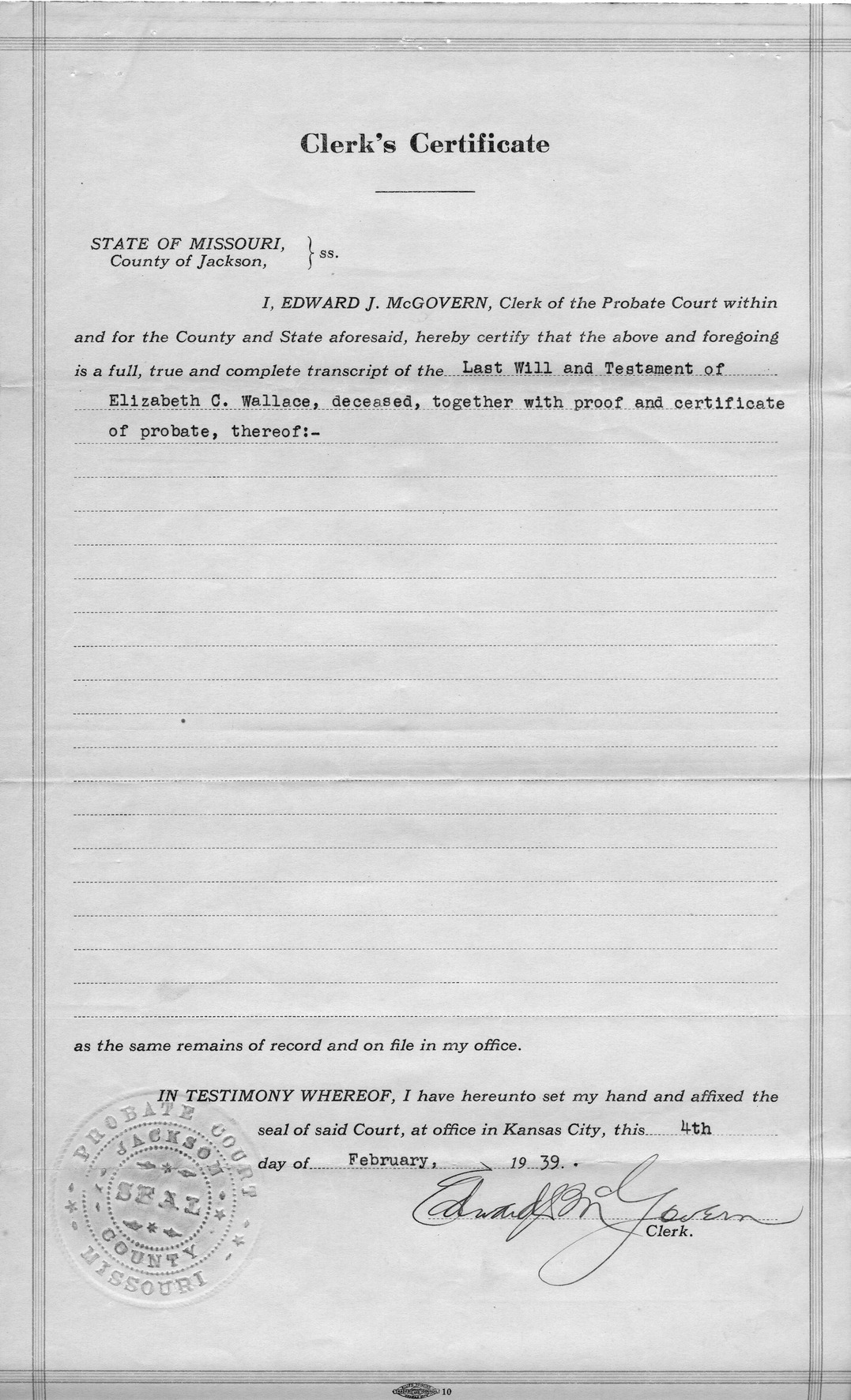 Clerk #39 s Certificate of Edward J McGovern Harry S Truman