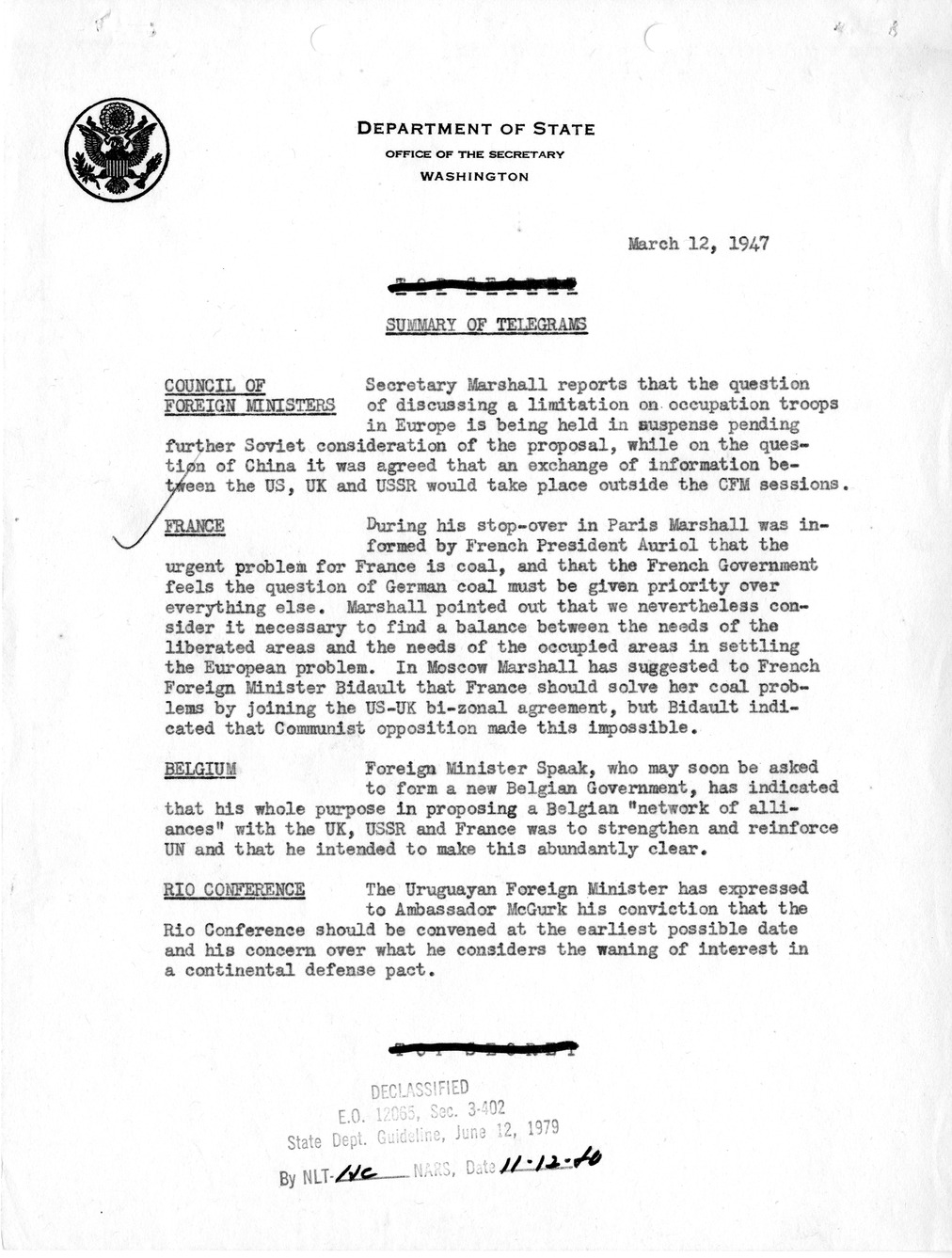 Memorandum state department summary of telegrams harry s truman