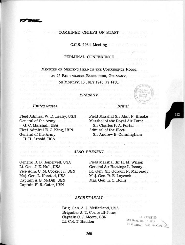 Combined Chiefs Of Staff 193rd Meeting Terminal Conference Minutes Of Meeting Held In The Conference Room At 25 Ringstrasse Babelsberg Germany Harry S Truman