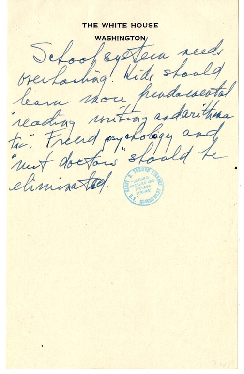 Longhand Note of President Harry S. Truman