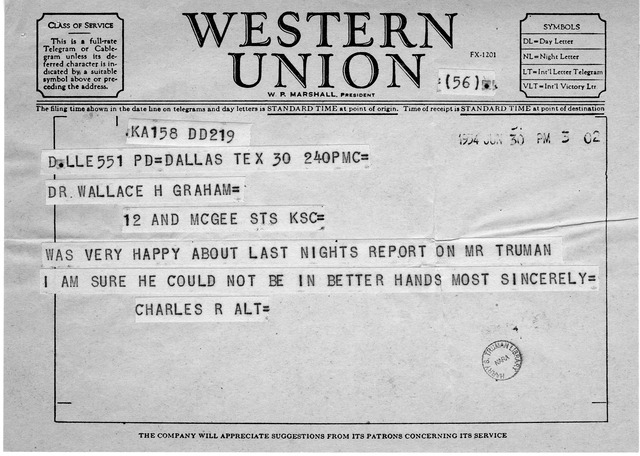Telegram From Charles R Alt To Wallace H Graham Harry S Truman
