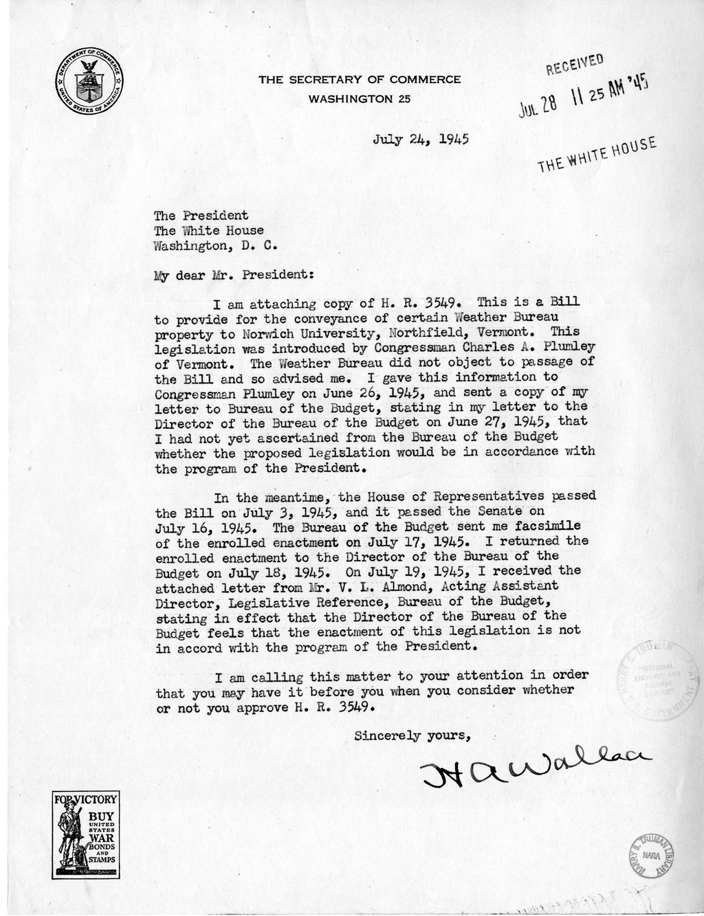 Memorandum From Harold D Smith To M C Latta H R 3549 To Provide For The Conveyance Of Certain Weather Bureau Property To Norwich University Northfield Vermont With Attachments Harry S Truman
