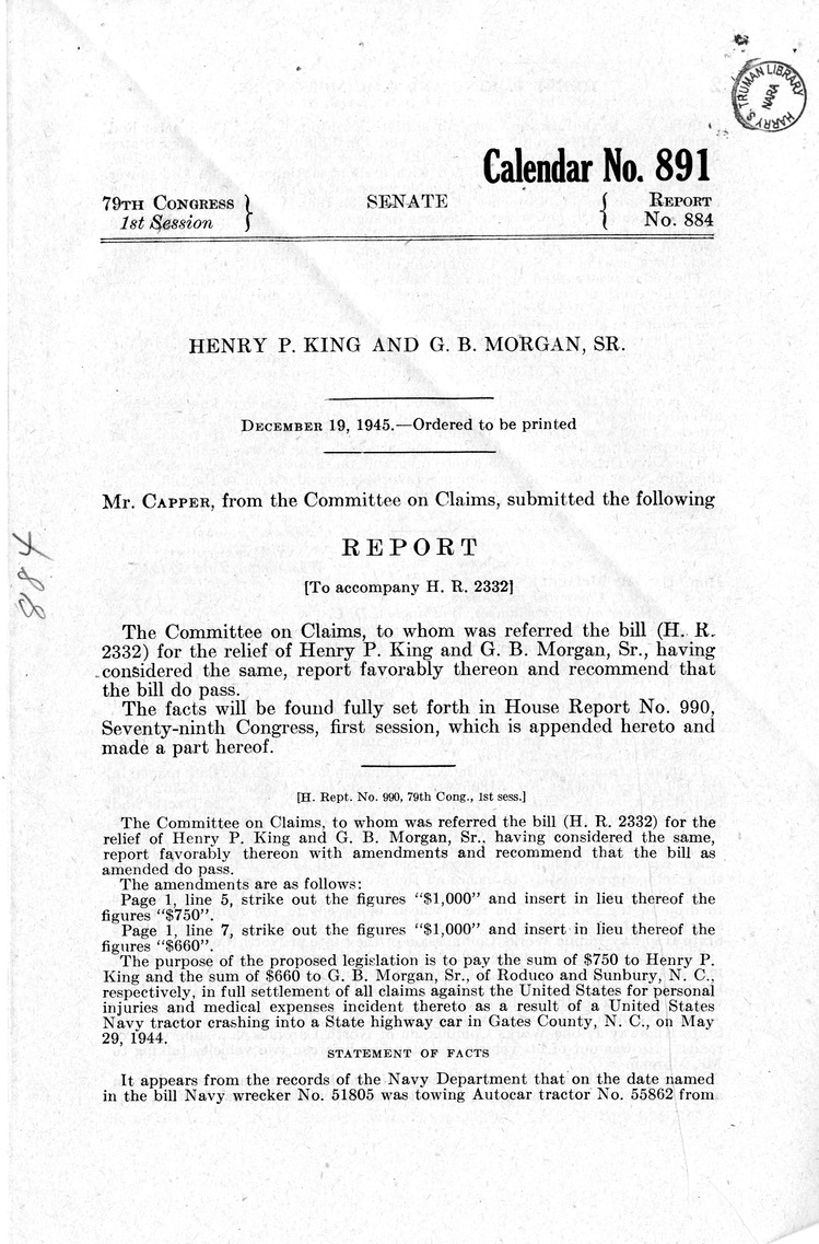 Memorandum From Frederick J Bailey To M C Latta H R 2332 For The Relief Of Henry P King And G B Morgan Senior With Attachments Harry S Truman