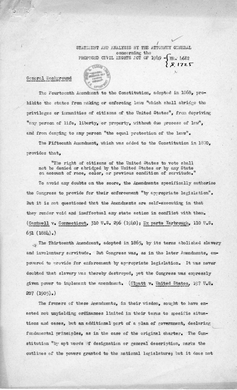 Statement And Analysis By The Attorney General Concerning Proposed Civil Rights Act Of 1949 Hr 4682 S R 1725 Harry S Truman