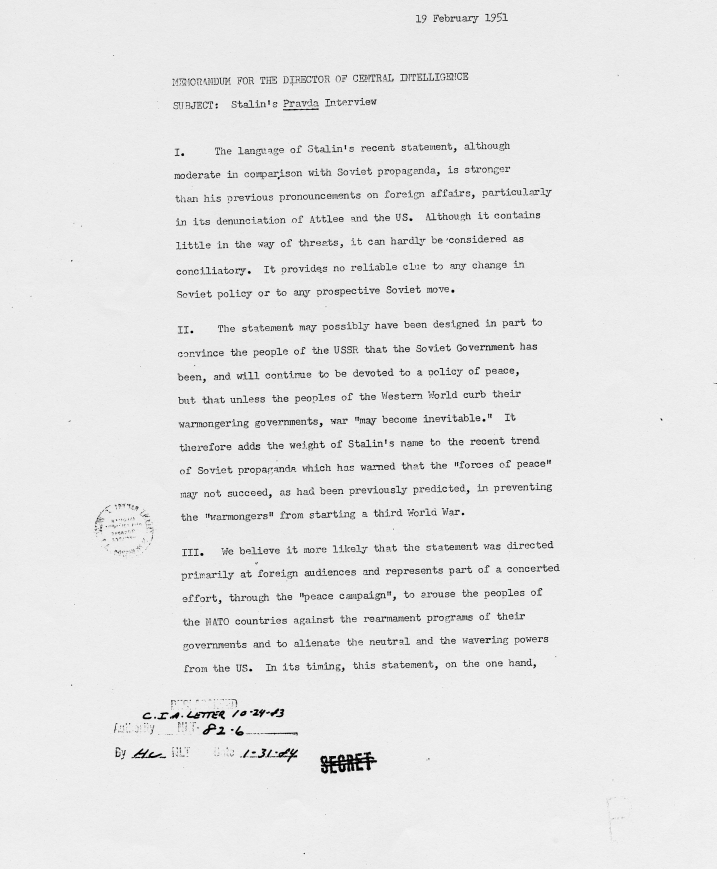 Memo, Walter Bedell Smith to Harry S. Truman accompanied by a memorandum