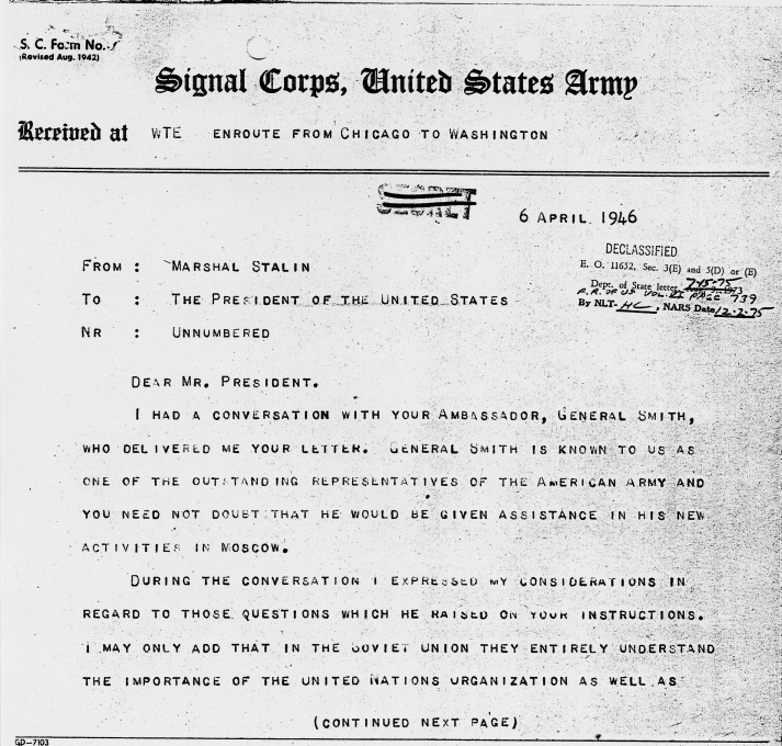 Telegram, Josef Stalin to Harry S. Truman, with related material