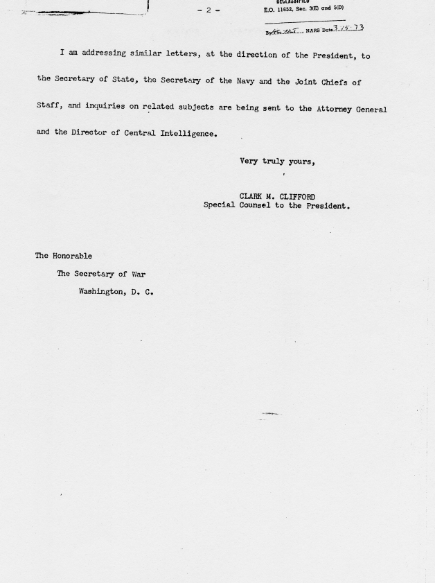 Draft of letter, Clark Clifford to Robert Patterson