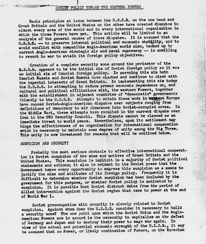 Memorandum, \"Soviet Policy Toward the Western Powers\"