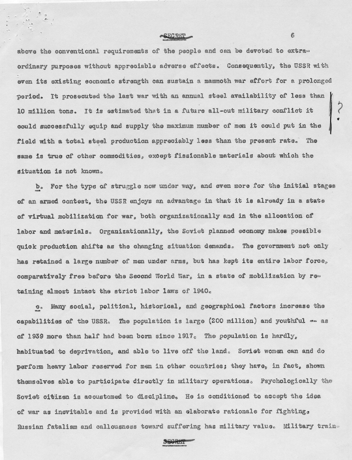 Draft of report, \"Soviet Intentions and Capabilities\"
