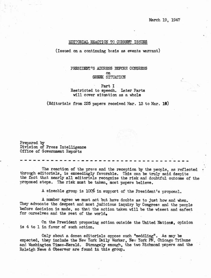 Editorial Reaction To Current Issues Greek Situation Parts I And Ii Harry S Truman