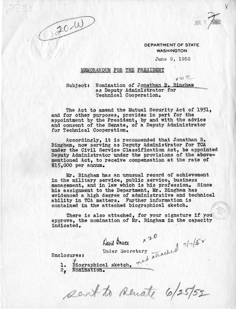 Memorandum, David Bruce to Harry S. Truman, with Attachment