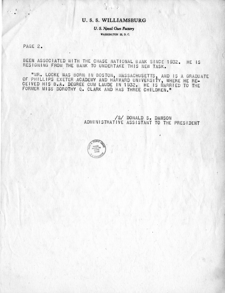 Harry S. Truman to Edwin Locke, with Related Material
