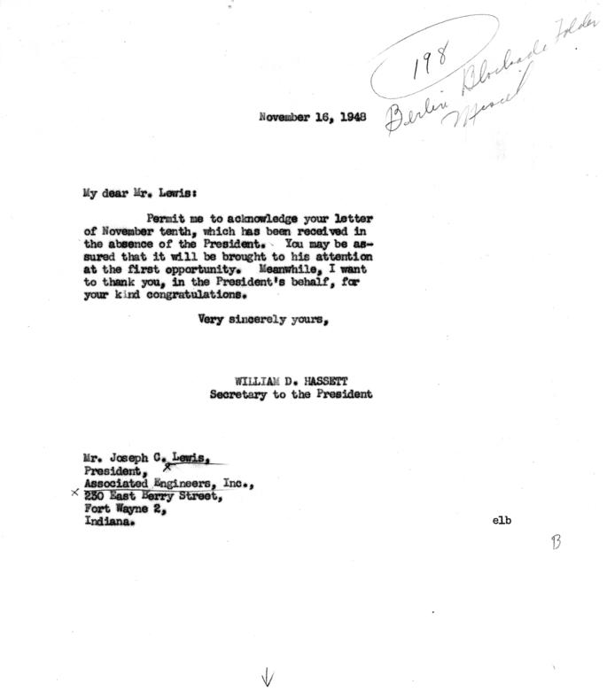 Joseph C. Lewis to Harry S. Truman, with reply from William D. Hassett